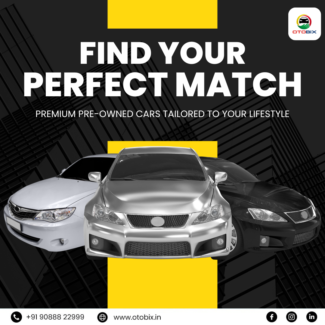 A trio of premium pre-owned sedans in white, silver, and black on a modern yellow and black background. Text reads "BEST CAR FOR YOU" with the Otobix logo and contact details for buying second-hand cars in Kolkata.