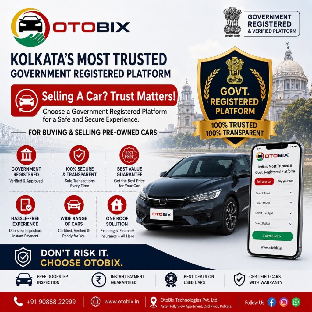 Promotional banner for Otobix highlighting a government registered platform for buying and selling certified pre-owned vehicles with a dark sedan.