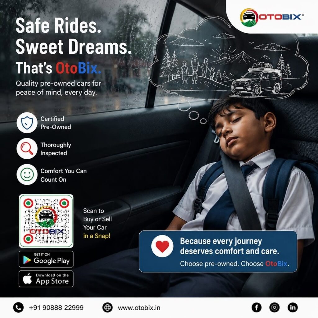 A young boy sleeping peacefully in the backseat of a car while dreaming of a safe family road trip, featured on an Otobix promotional banner.