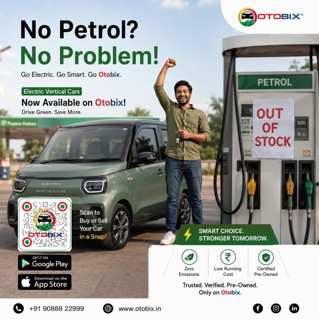 A happy driver holding keys next to a compact green electric vehicle at a petrol station, displayed on an Otobix promotional banner.