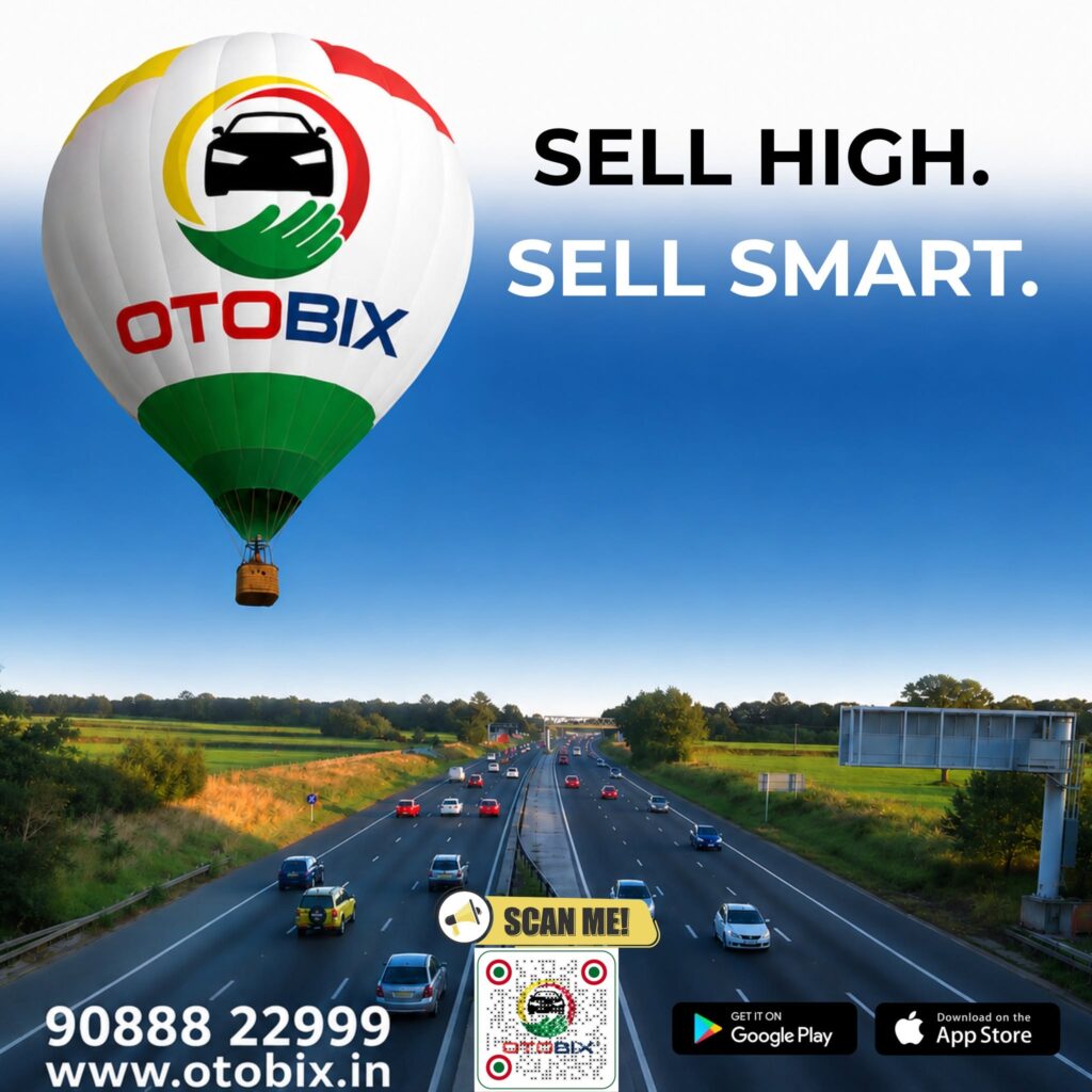 A branded Otobix hot air balloon flying high over a multi-lane highway, representing smart car selling through digital auctions.