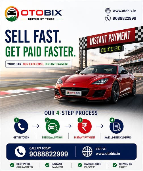 A vibrant promotional banner featuring a fast red sports car on a racetrack highlighting Otobix's 4-step process for instant vehicle payment and hassle-free closure.