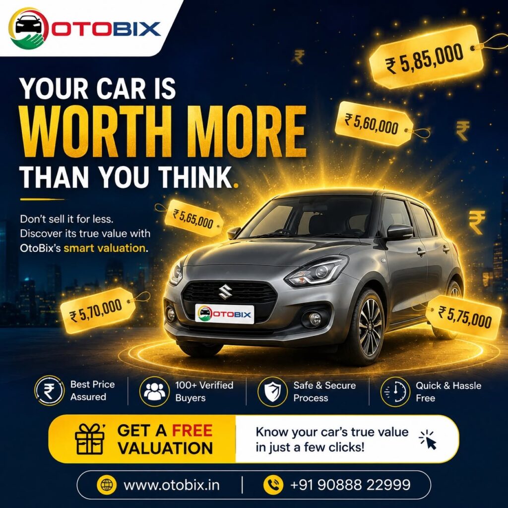 A dark grey hatchback highlighted with glowing golden price tags up to 5,85,000 on an Otobix smart valuation campaign banner.