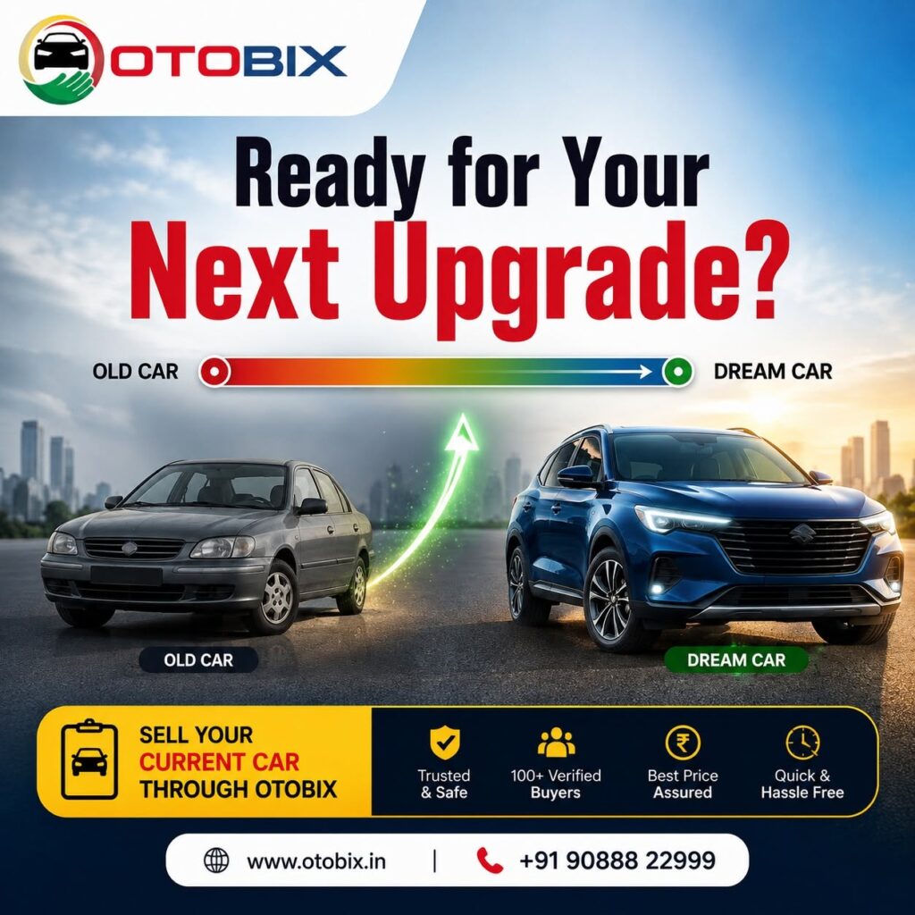 Promotional banner showing an older grey sedan transitioning with a green arrow into a modern blue SUV, titled Ready for Your Next Upgrade by Otobix.