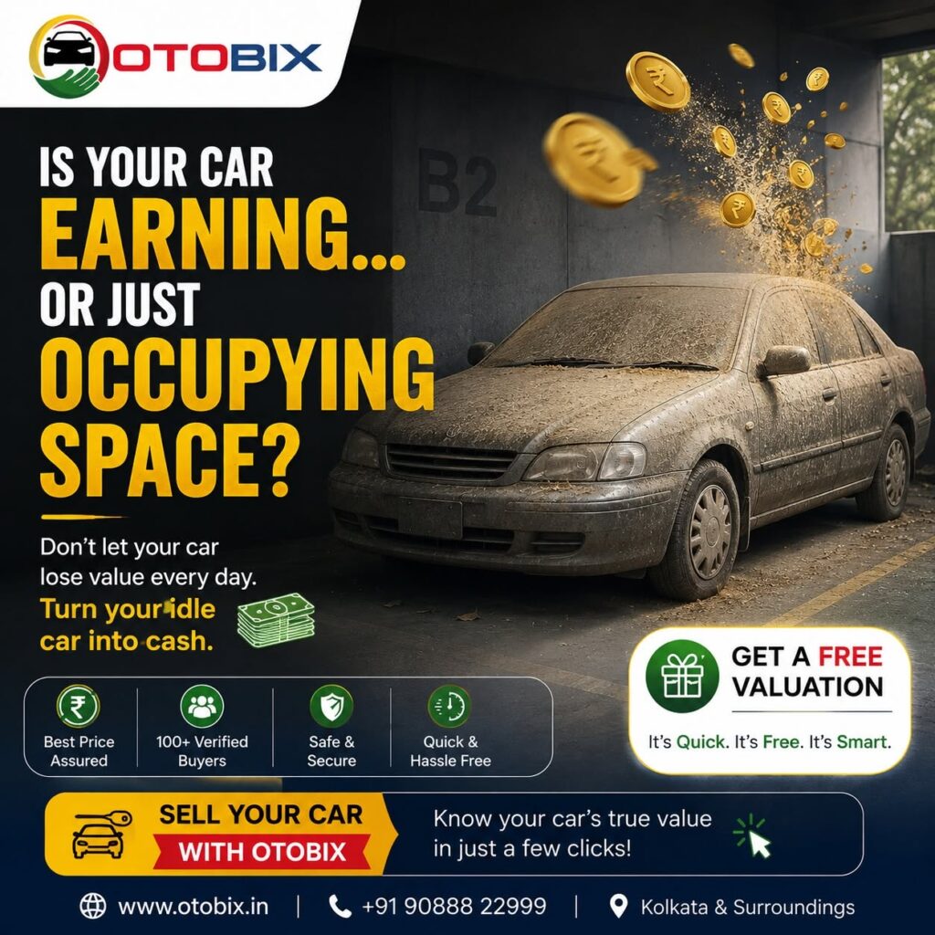 A dusty grey sedan parked in a garage with floating gold coins, featured on an Otobix campaign banner asking if your car is earning or occupying space.
