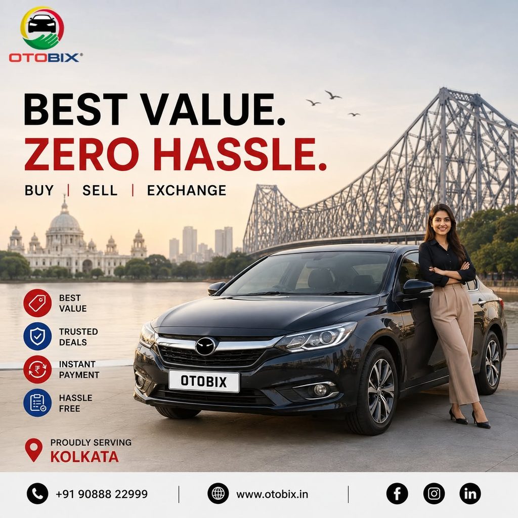 A stylish black sedan parked near the Kolkata waterfront with the Howrah Bridge and Victoria Memorial in the background, featured on an Otobix banner promising best value and zero hassle.