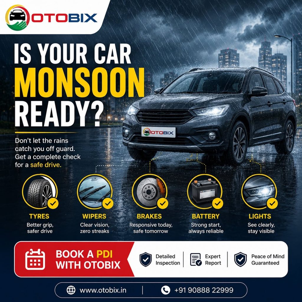 A dark SUV driving on a rain-slicked city road featured on an Otobix campaign banner highlighting monsoon safety checks like tyres, wipers, brakes, battery, and lights.