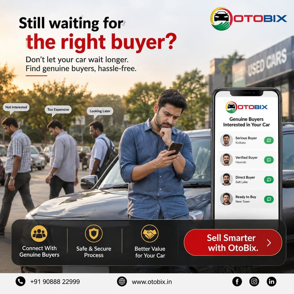 A stressed car owner looking at his smartphone while surrounding figures display excuses like Not Interested and Too Expensive, featured on an Otobix banner for selling smarter.