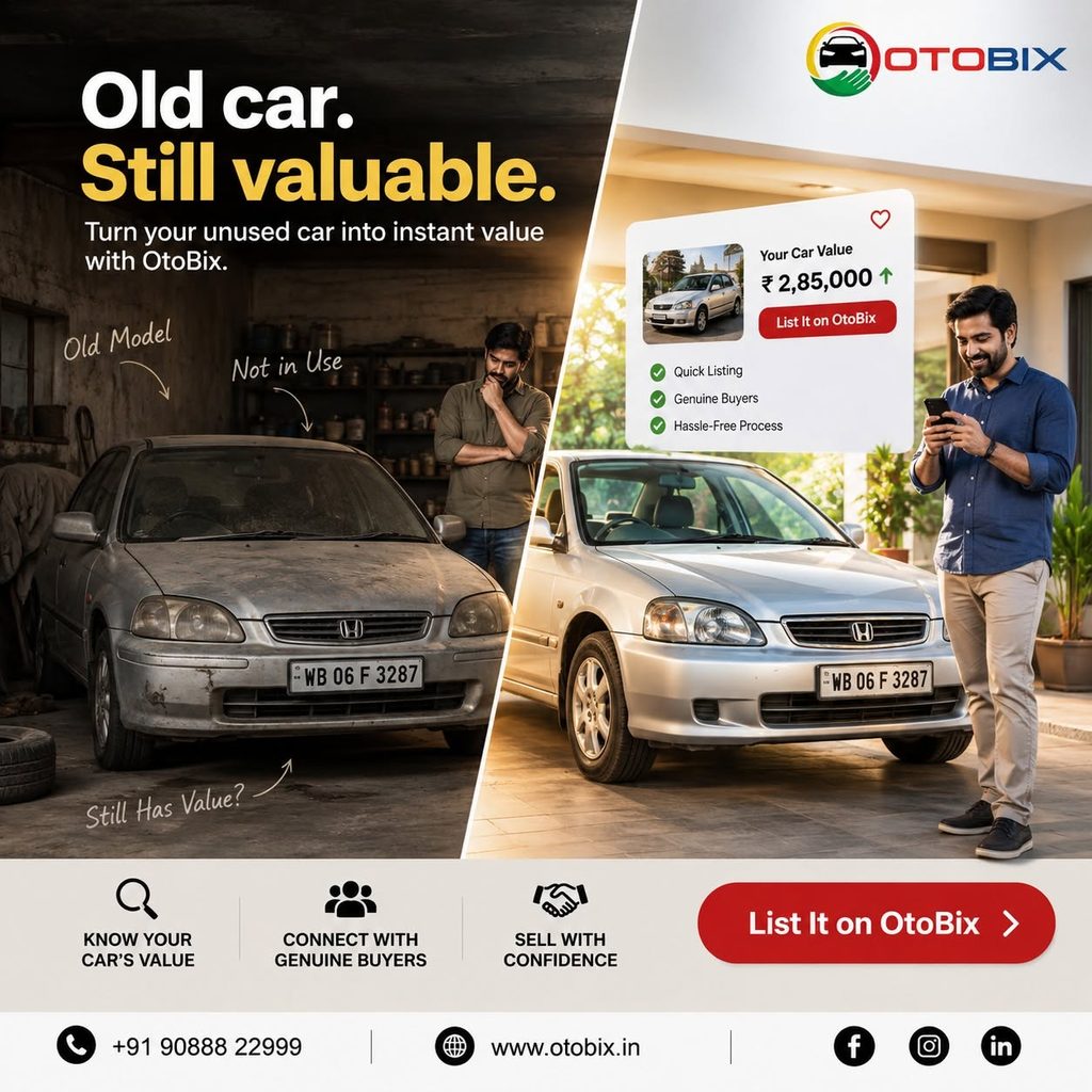 Side-by-side comparison of an old dusty Honda City next to a restored silver sedan listed at ₹2,85,000 on an OtoBix banner emphasizing quick listings and hassle-free sales.