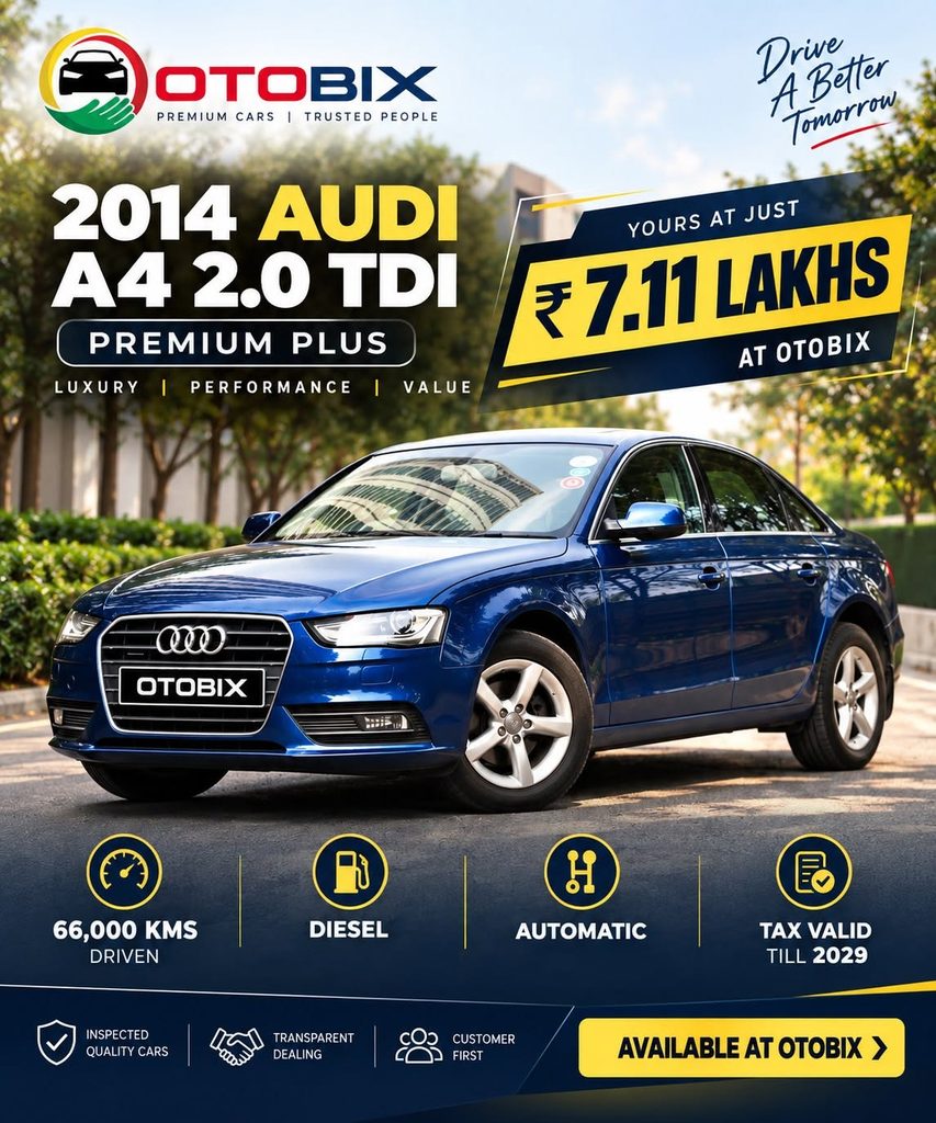 A premium dark blue 2014 Audi A4 2.0 TDI sedan featured on an Otobix campaign banner highlighting 66,000 kms driven, automatic transmission, and tax valid till 2029 for 7.11 Lakhs.